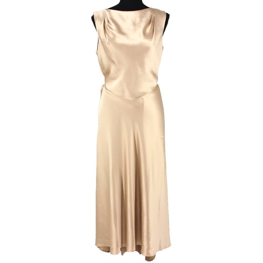 SALONI Jen Beige Satin Silk Sleeveless Tie Waist Midi Dress 6 High Low Maxi